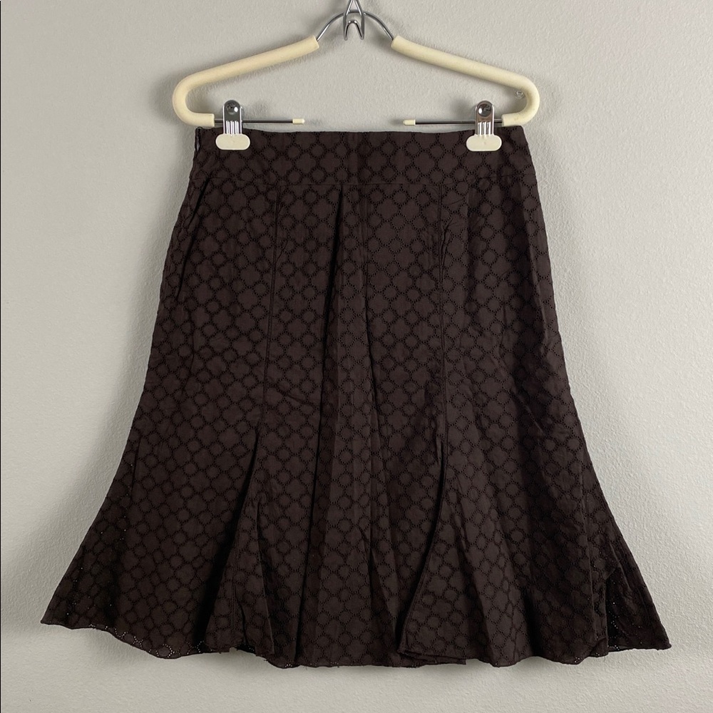 Cortefiel Boho Embroidered Eyelet Godet Skirt | Pleated, Lined, Side Zip | Brown - Picture 2 of 16